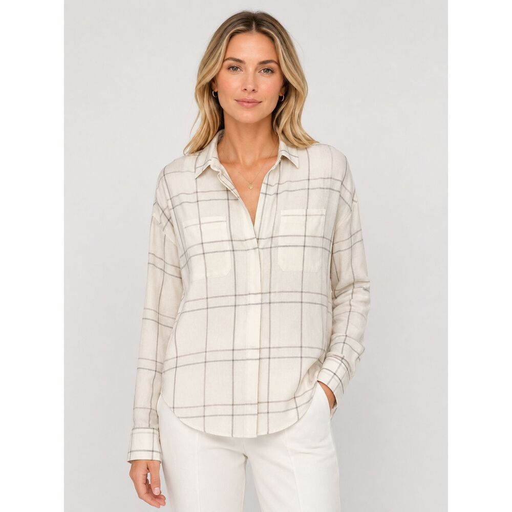 Vince Womens XS Plaid Blouse Cotton Modal Ivory Windowpane Long Sleeve Shirt